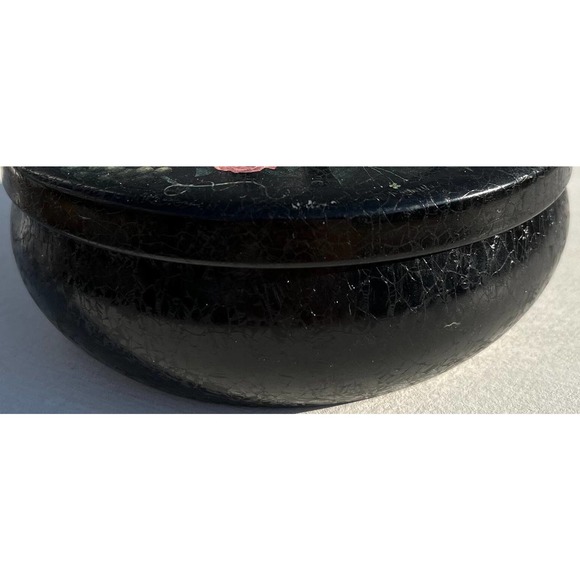 Hand-painted Black Floral lacquer box Vintage Tin Tole Trinket Bowl with Cover - Picture 9 of 10